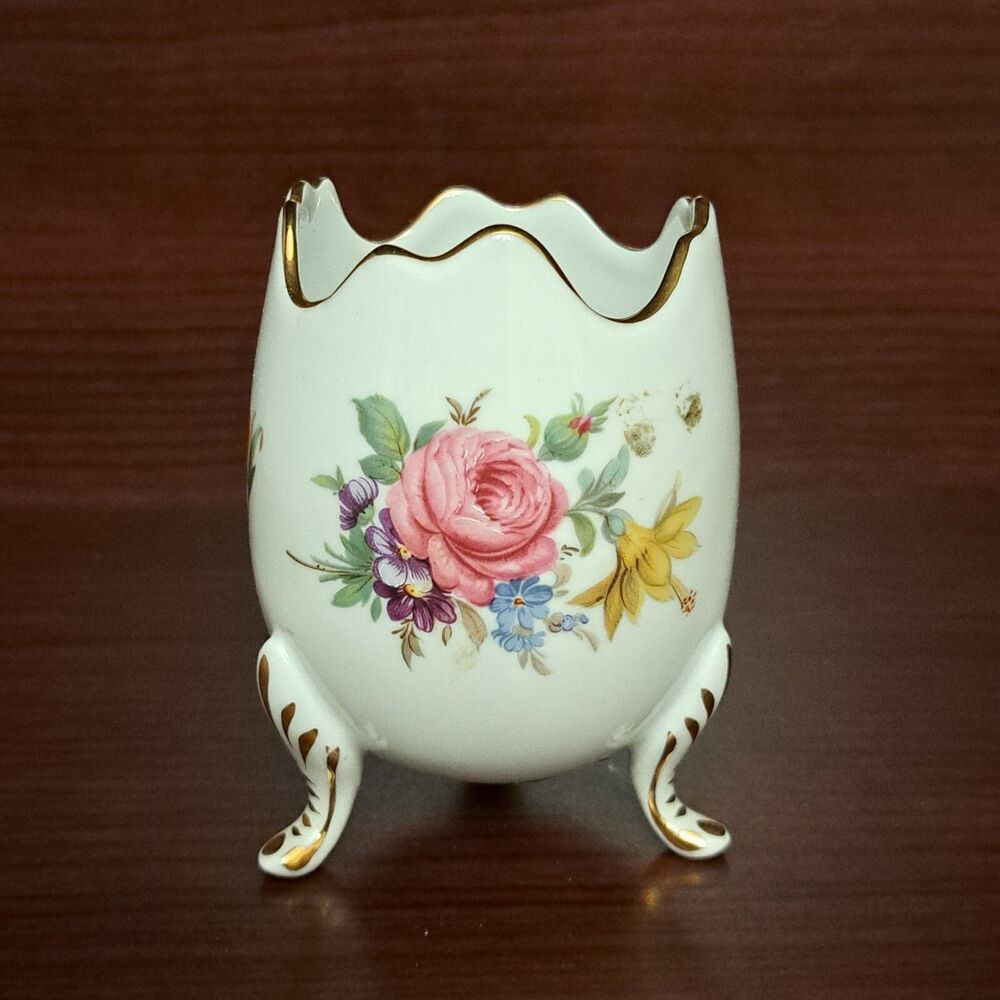 Vintage Porcelain Cracked Egg Shaped Footed Vase Miniature With Roses Floral